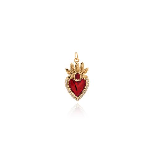 Cúbicos Circonia Colgante Latón Micro pavimenta, metal, Corazón, chapado en color dorado, Bricolaje & micro arcilla de zirconia cúbica, Rojo, libre de níquel, plomo & cadmio, 30.50x15x3.80mm, Vendido por UD