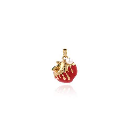 Brass Jewelry Pendants with Plastic Pearl Apple gold color plated DIY & enamel red nickel lead & cadmium free Sold By PC