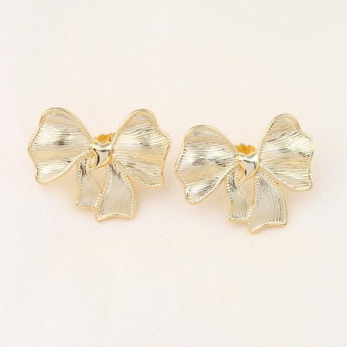 Brass Stud Earring, Bowknot, gold color plated, for woman, nickel, lead & cadmium free, 31x25x3mm, Sold By Pair