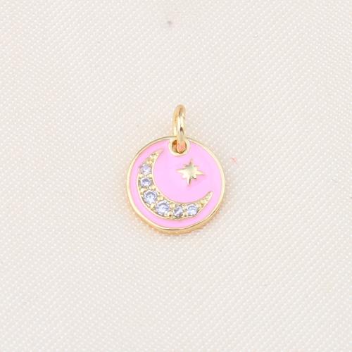 Cubique Pendentif en laiton zircon pavent, Rond, Placage de couleur d'or, DIY & pavé de micro zircon & émail, rose, protéger l'environnement, sans nickel, plomb et cadmium, 10x1.50mm, Vendu par PC