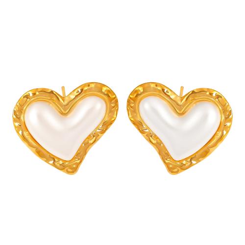 Pendiente de acero de titanio, Partículas de acero, con Perlas plásticas, Corazón, 18K chapado en oro, Joyería & para mujer, Vendido por Par