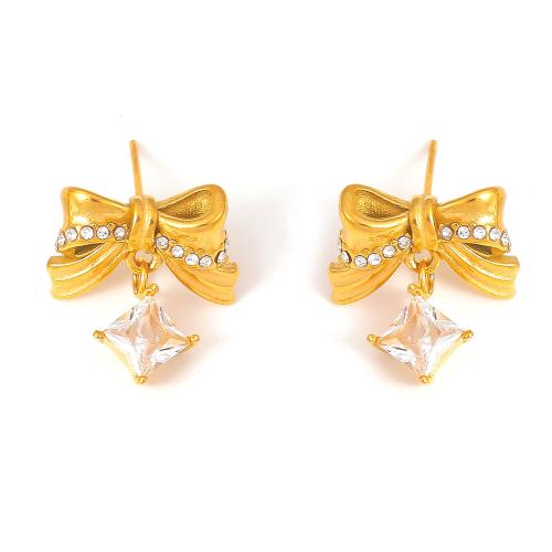 Titanium Steel  Earring with Cubic Zirconia Bowknot plated fashion jewelry & for woman Sold By Pair