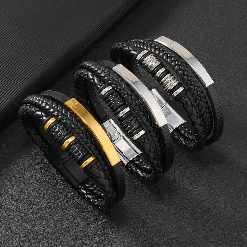 PU Leather Cord Bracelets with 304 Stainless Steel & Zinc Alloy handmade three layers  & for man Sold By PC