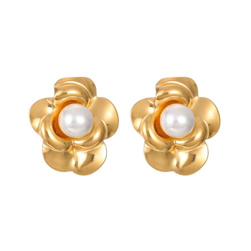 Stainless Steel Stud Earrings 304 Stainless Steel with Plastic Pearl Flower fashion jewelry & for woman golden Sold By Pair