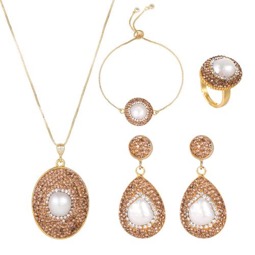 Set de Joyería de Latón, metal, con Perlas plásticas, chapado, diferentes estilos para la opción & micro arcilla de zirconia cúbica & para mujer, dorado, Vendido por UD