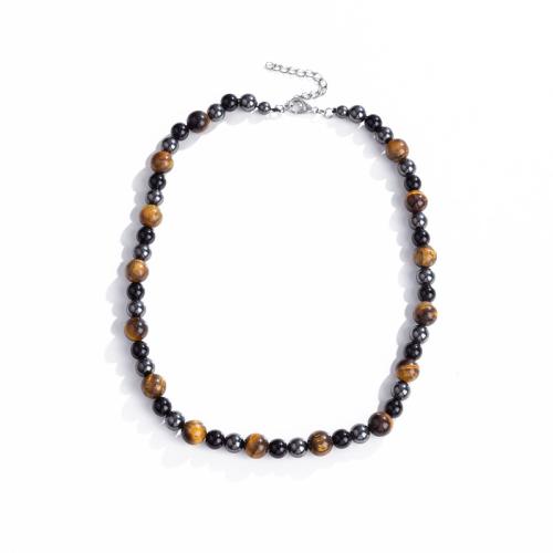 Collier bijoux de pierre gemme, oeil de tigre, avec Obsidienne & hématite non magnétique, pour homme, Longueur:45 cm, Vendu par PC