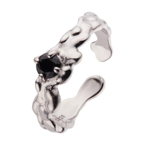 925 Sterling Silver Cuff Finger Ring, with Black Spinel, platinum plated, fashion jewelry & for woman, US Ring Size:7, Sold By PC