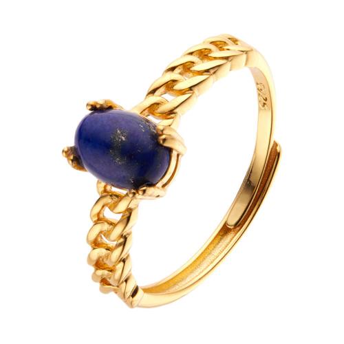 Argent sterling 925 Cuff Bague, avec Lapis lazuli, Placage de couleur d'or, pour femme & creux, Taille:7, Vendu par PC