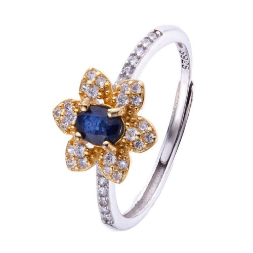 Plata de ley 925 Anillo de dedo Cuff, con Sapphire, Flor, para mujer & con diamantes de imitación, tamaño:7, Vendido por UD