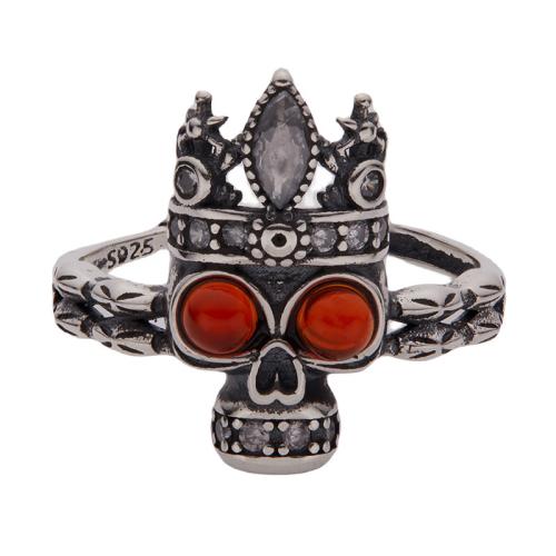 925 Sterling Silver Cuff Finger Ring, with Red Agate, Skull, vintage & for woman & with rhinestone, US Ring Size:6-10, Sold By PC