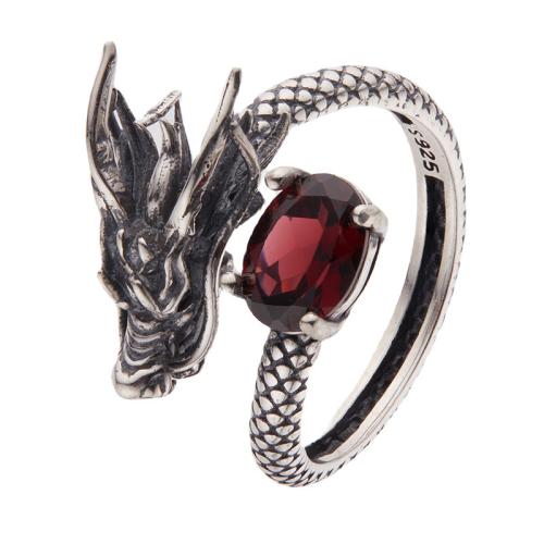 Argent sterling 925 Cuff Bague, avec pierre gemme, dragon, Vintage & différents matériaux pour le choix & unisexe, Taille:7, Vendu par PC