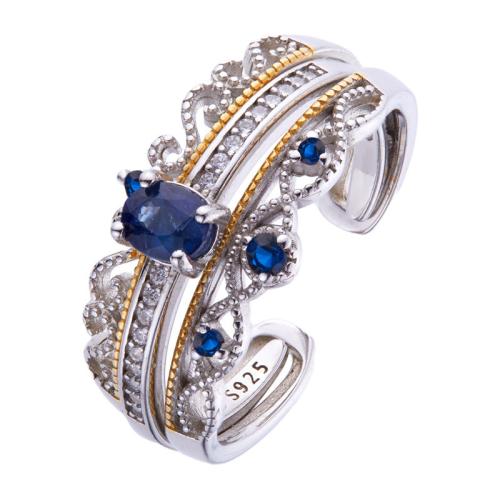 925 Sterling Silver Cuff Finger Ring, with Sapphire​, Crown, vintage & for woman & with rhinestone, US Ring Size:7, Sold By PC