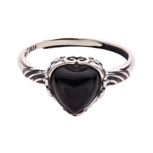 925 sterline d'argento Anelli Cuff, with agata nero, Cuore, Vintage & per la donna, Misura:6-8, Venduto da PC