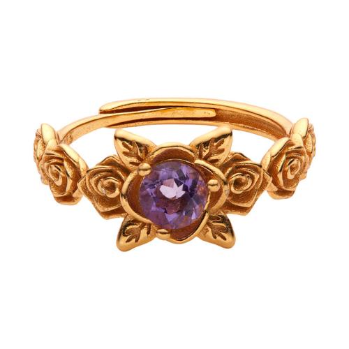 925 Sterling Silver Cuff Finger Ring, with Amethyst, Flower, gold color plated, fashion jewelry & for woman, US Ring Size:7, Sold By PC