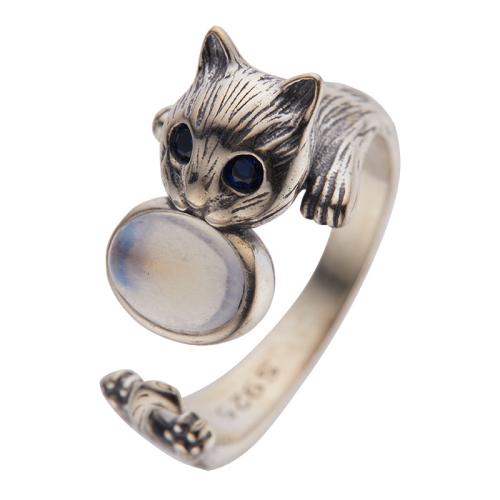 Argent sterling 925 Cuff Bague, avec Moonstone, chat, bijoux de mode & pour femme, argent, Taille:6-8, Vendu par PC