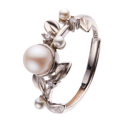 925 sterling silver Cuff finger ring, med Freshwater Pearl, Leaf, justerbar & för kvinna & med strass, silver, Storlek:7, Säljs av PC