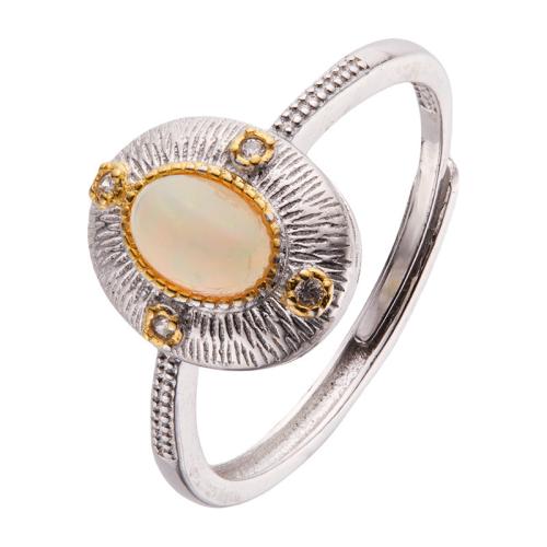 Argent sterling 925 Cuff Bague, avec Opale, ovale, réglable & pour femme & avec strass, Taille:6-8, Vendu par PC