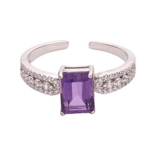 925 Sterling Silver Cuff Finger Ring, with Amethyst, Geometrical Pattern, platinum plated, for woman & with rhinestone, US Ring Size:6-8, Sold By PC