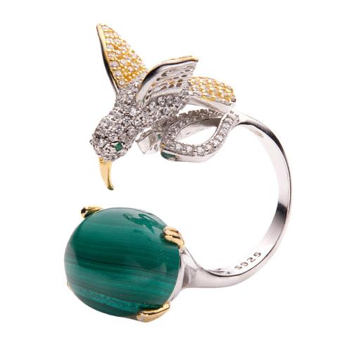 925 Sterling Silver Cuff Finger Ring, with Malachite, Hummingbird, for woman & with rhinestone, US Ring Size:7, Sold By PC