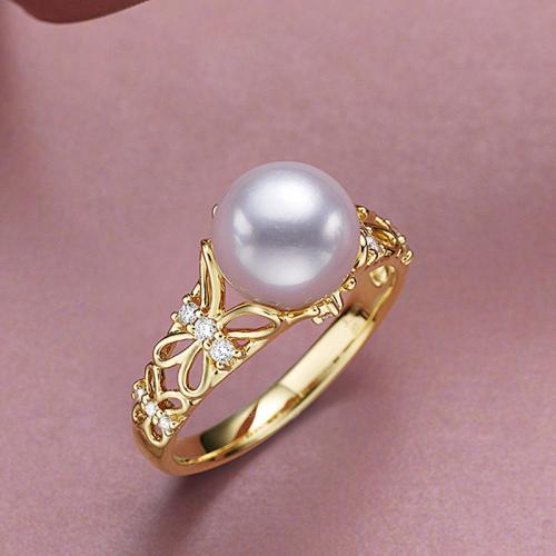 Brass Finger Ring, with Plastic Pearl, fashion jewelry & for woman & with rhinestone, golden, Inner diameter 17mm, Sold By PC