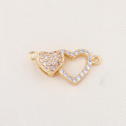 Zircon cubique Micro Pave laiton Connecteur, coeur, Placage de couleur d'or, DIY & pavé de micro zircon & boucle de 1/1, protéger l'environnement, sans nickel, plomb et cadmium, 22x11x6mm, Vendu par PC