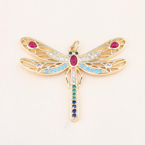 Cubic Zirconia Micro Pave Brass Pendant, Dragonfly, gold color plated, DIY & micro pave cubic zirconia & enamel, more colors for choice, nickel, lead & cadmium free, 36x45x3mm, Sold By PC