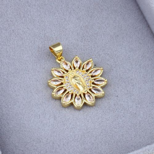 Cubic Zirconia Micro Pave Brass Pendant Flower gold color plated DIY & micro pave cubic zirconia nickel lead & cadmium free Sold By PC