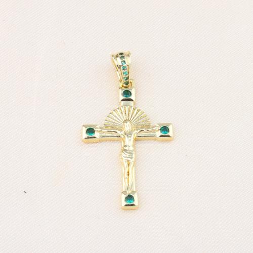 Cubique Pendentif en laiton zircon pavent, croix, Placage de couleur d'or, DIY & pavé de micro zircon, vert, protéger l'environnement, sans nickel, plomb et cadmium, 34x21x3mm, Vendu par PC