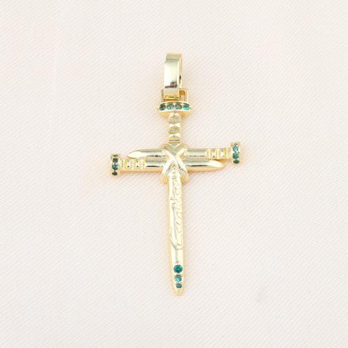 Cubic Zirconia Micro Pave Brass Pendant, Cross, gold color plated, DIY & micro pave cubic zirconia, green, nickel, lead & cadmium free, 17x22x2mm, Sold By PC