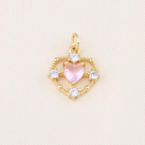 Cubic Zirconia Micro Pave Brass Pendant Heart gold color plated DIY & micro pave cubic zirconia pink nickel lead & cadmium free Sold By PC