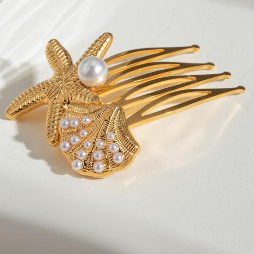 Decorative Hair Combs, 304 Stainless Steel, with Plastic Pearl, plated, fashion jewelry, golden, Sold By PC