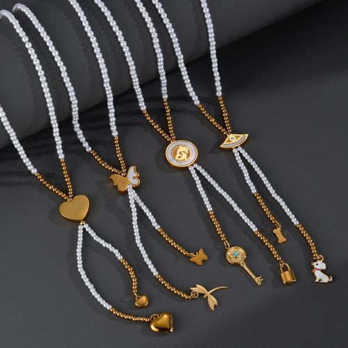 Stainless Steel Jewelry Necklace 304 Stainless Steel with Plastic Pearl with 5cm extender chain gold color plated fashion jewelry & for woman Length 44 cm Sold By PC