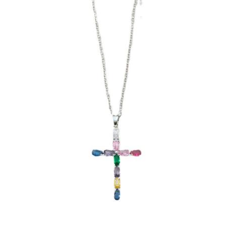 Cubic Zircon Micro Pave Brass Necklace Cross plated micro pave cubic zirconia & for woman Sold By PC