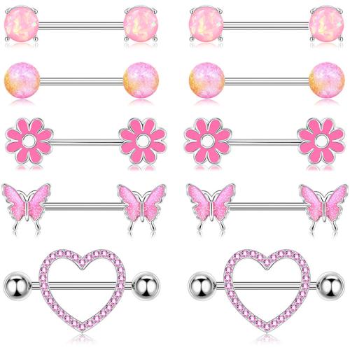 Stainless Steel Nipple Ring, 304 Stainless Steel, with Opal & Plastic Pearl & Acrylic, plated, 10 pieces & different styles for choice & micro pave cubic zirconia & for woman & enamel, more colors for choice, Sold By Set