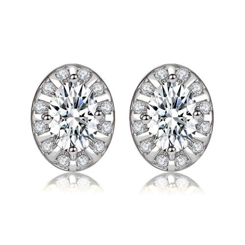 925 Sterling Silver Stud Earring, Oval, micro pave cubic zirconia & for woman, more colors for choice, 8.40x10.50mm, Sold By Pair