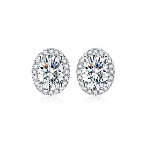 925 Sterling Silver Stud Earring, Oval, Unisex & micro pave cubic zirconia, more colors for choice, 7.10x9mm, Sold By Pair