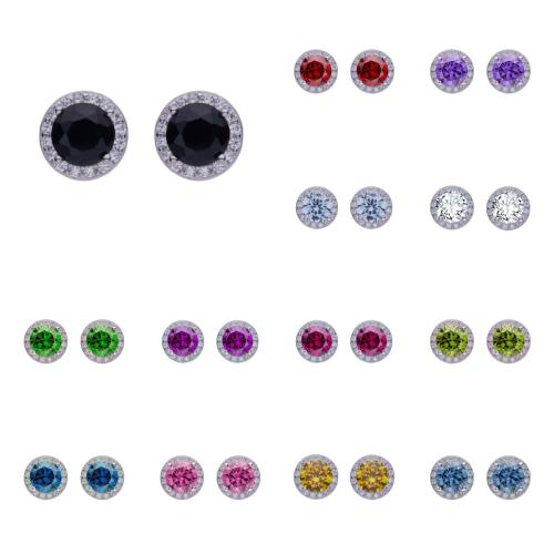 925 Sterling Silver Stud Earring, Round, platinum plated, Unisex & micro pave cubic zirconia, more colors for choice, 6.90x6.90mm, Sold By Pair