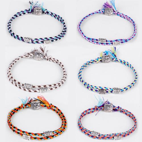 Cotton Cord Bracelet, with Tibetan Style, Buddha, handmade, Unisex & braided, more colors for choice, Length:Approx 5.9-11.8 Inch, Sold By PC