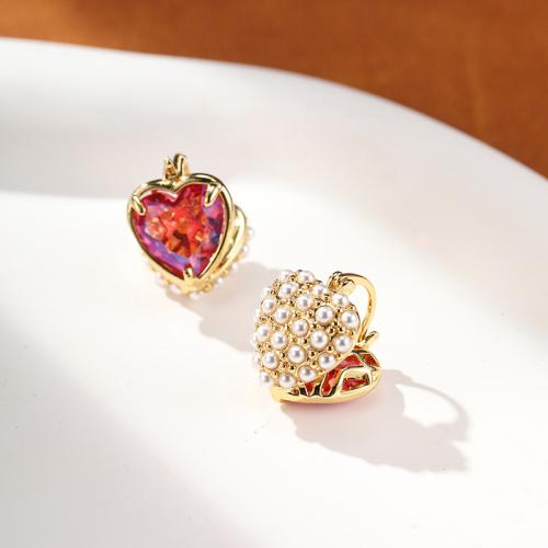 Brass Lever Back Earring with Shell Pearl & Glass Heart 18K gold plated for woman & double-sided Sold By Pair