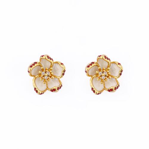 laiton boucle d oreille dormeuse, fleur, Plaqué or 18K, pour femme & émail & avec strass, 15x15mm, Vendu par paire