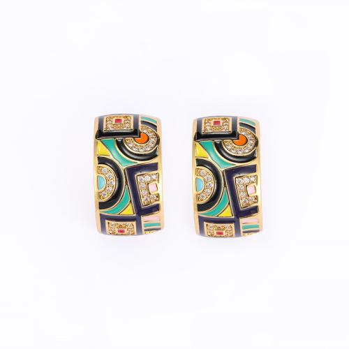 Brass Stud Earring, Letter C, gold color plated, for woman & enamel & with rhinestone, 24x14mm, Sold By Pair