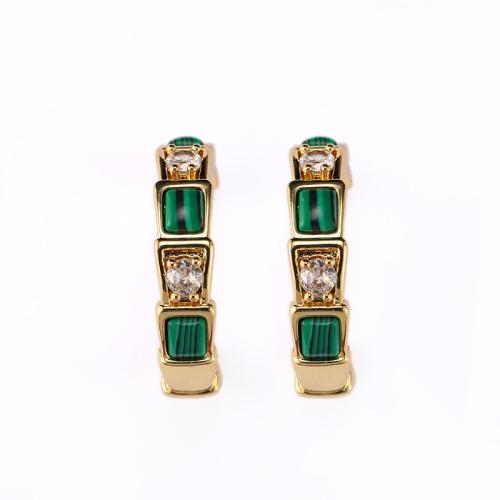 Brass Stud Earring, with Malachite, 18K gold plated, micro pave cubic zirconia & for woman, 30x30mm, Sold By Pair