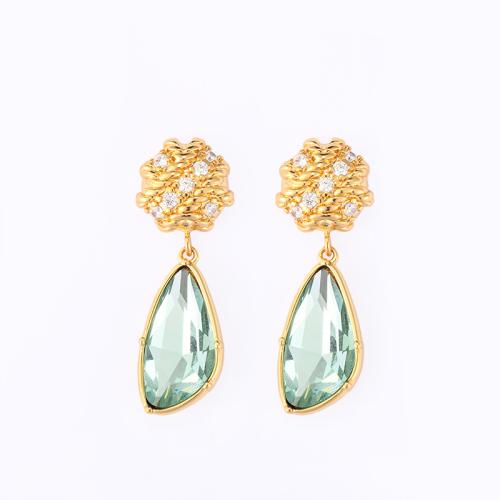 Brass Drop Earring, with Glass, Geometrical Pattern, 18K gold plated, for woman & with rhinestone, 33x12mm, Sold By Pair