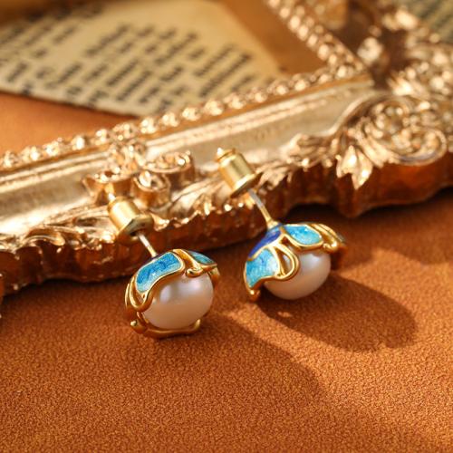 Brass Stud Earring, with Freshwater Pearl, Flower, 18K gold plated, for woman & enamel, 13x13mm, Sold By Pair