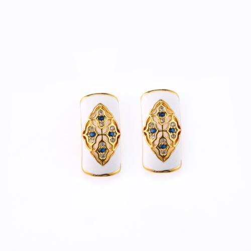 Brass Stud Earring, Geometrical Pattern, 18K gold plated, for woman & enamel & with rhinestone, 18x8mm, Sold By Pair