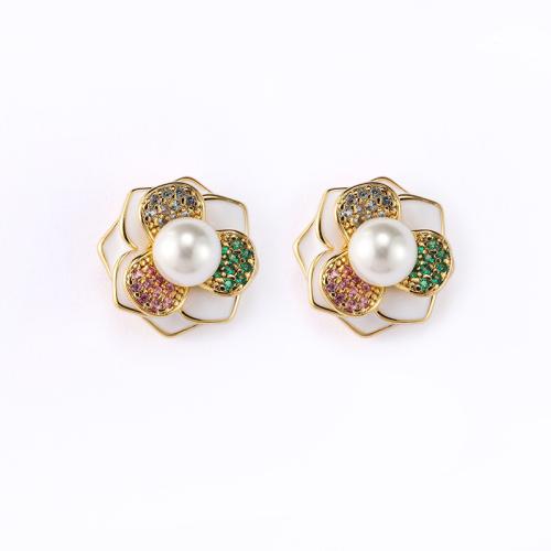 Brass Stud Earring, with Plastic Pearl, Flower, 18K gold plated, micro pave cubic zirconia & for woman & enamel, 15x15mm, Sold By Pair