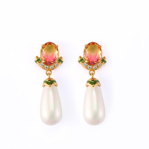 Brass Drop Earring, with Shell Pearl & Glass, 18K gold plated, for woman & enamel & with rhinestone, 37x14mm, Sold By Pair