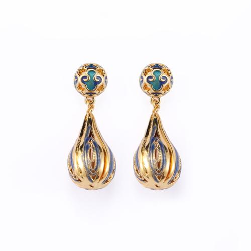 laiton Boucle d'oreille goutte, larme, Placage de couleur d'or, pour femme & émail, 10x30mm, Vendu par paire