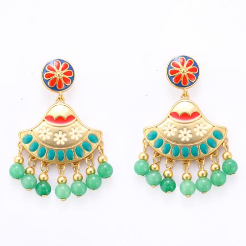 Brass Tassel Earring, with Natural Stone, 18K gold plated, with flower pattern & for woman & enamel, 43x25mm, Sold By Pair