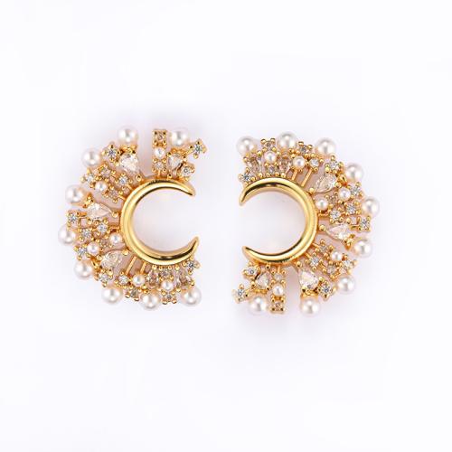 Brass Stud Earring, with Plastic Pearl, Flower, 18K gold plated, for woman & with rhinestone, 23x17mm, Sold By Pair